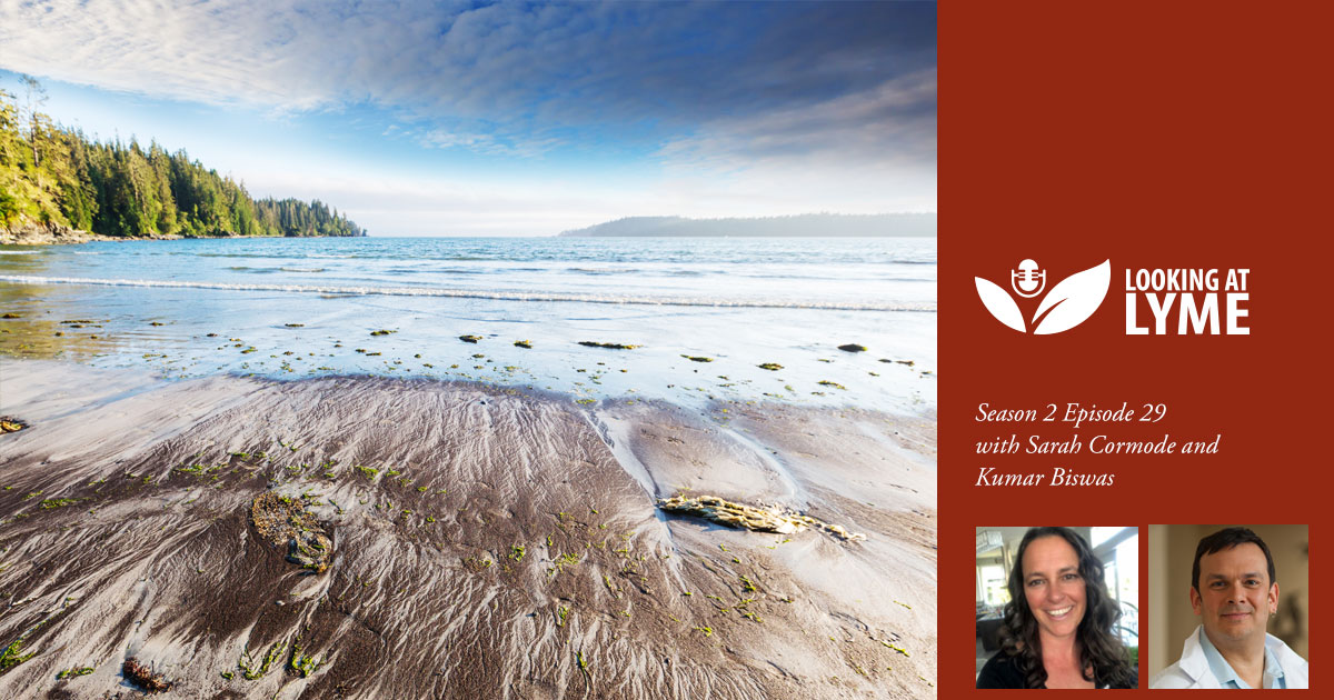 Sand and water from Vancouver Island with headshots of Sarah Cormode and Kumar Biswas in Episode 29 of Looking at Lyme.